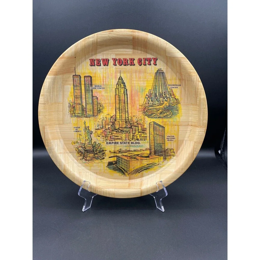 1970s Bamboo Drink Tray, New York City Landmarks, Travel Souvenir